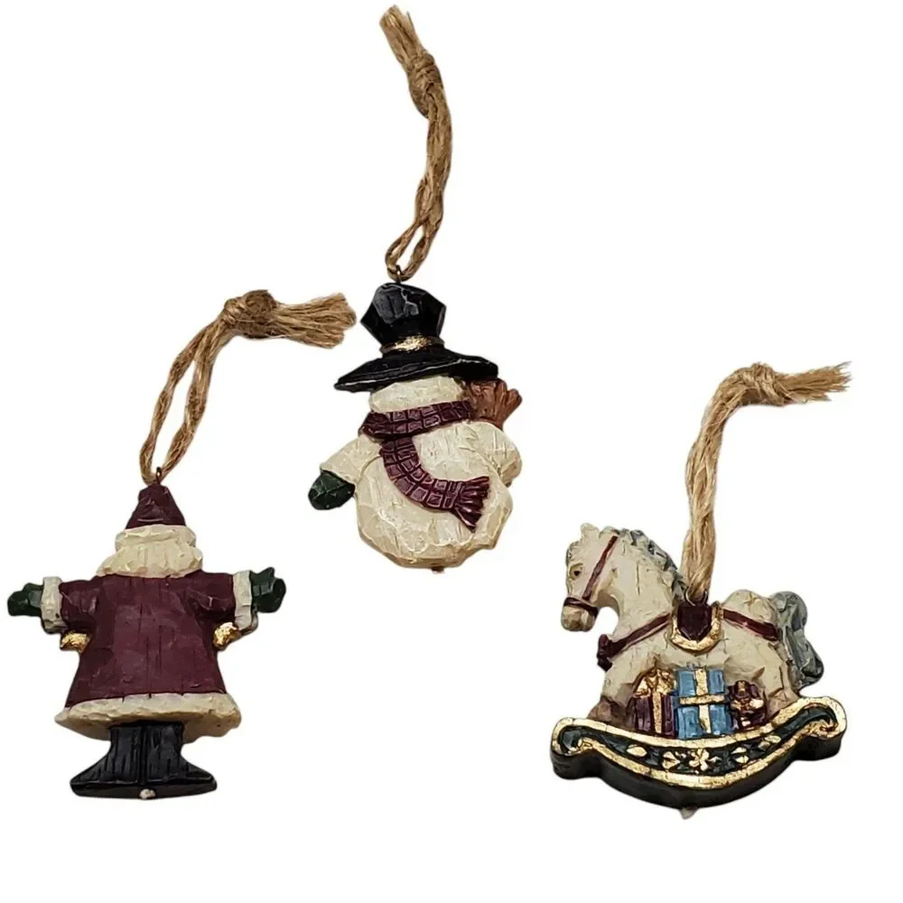 Set Of Three Resin Christmas Ornaments  Santa Rocking Horse And Snowman Jute